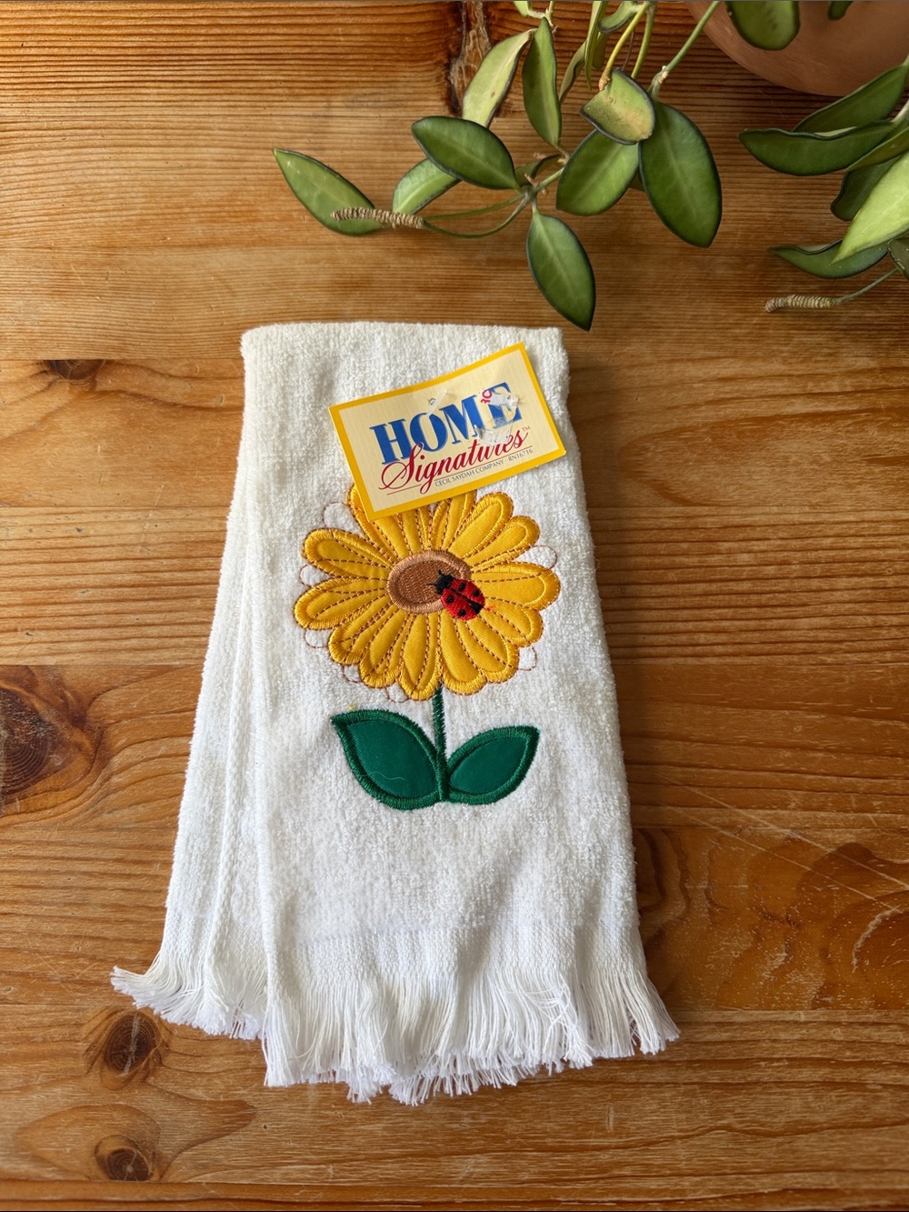 Vintage White Hand Towel with Yellow Sunflower and Green Leaves